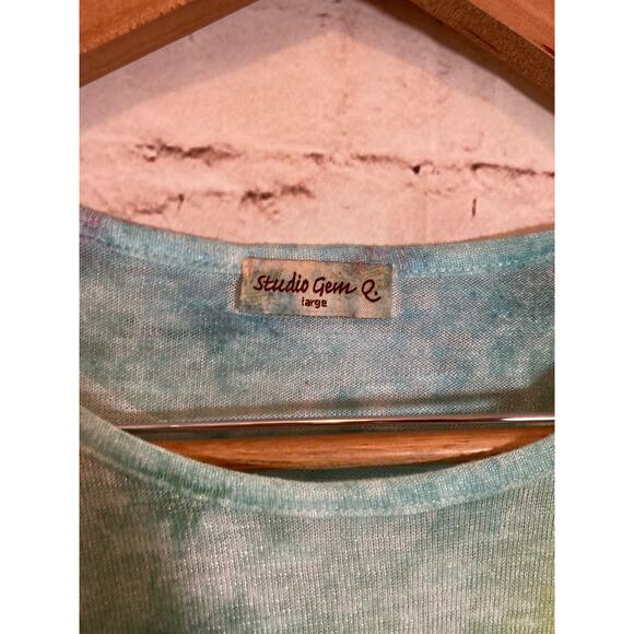 Studio Gem Q. Tunic Top Womens Large Turquoise Peacock Print Flowy Artsy Sequin - Picture 13 of 13